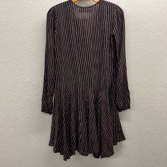 Natalie Martin Fit & Flare Ruffled Plunge Front Long Sleeve Striped Mini Dress S - Picture 6 of 9